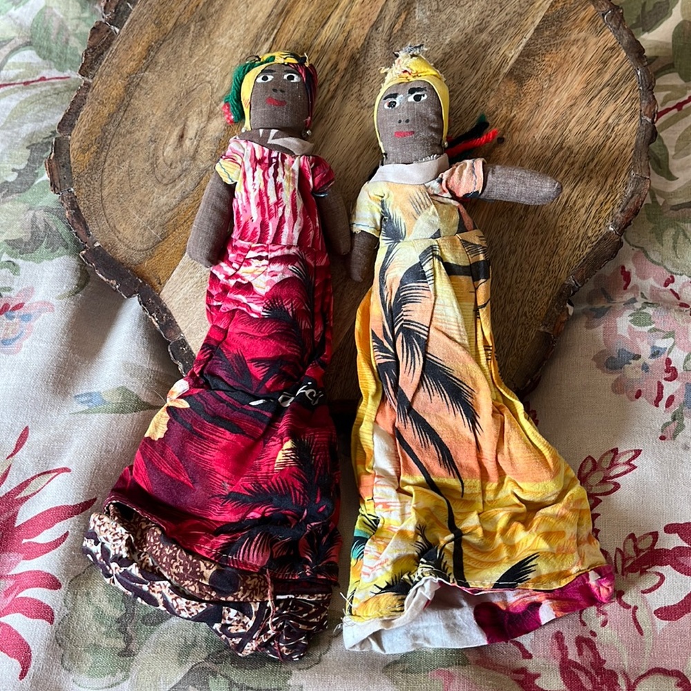 Set-of-2 Handmade DUAL Dolls Made in JAMAICA Long Floral Gowns Reveal Second Dol